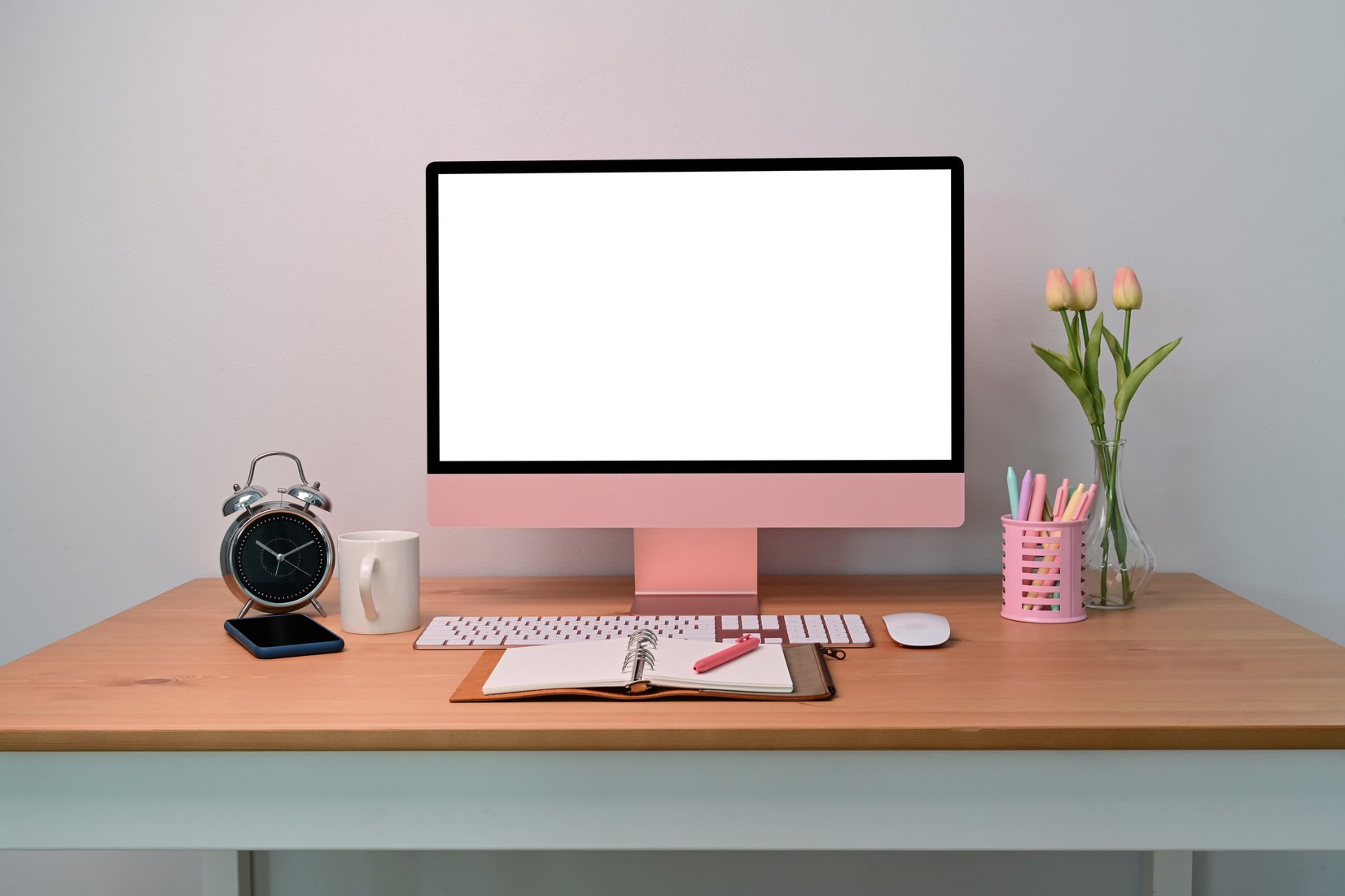 Mock up Computer with Empty Screen on Wooden Table.